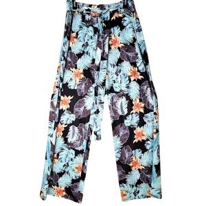 Ecowish Women's XL Tropical Floral Wide Leg Pants Elastic Waist Tie Boho‎ NWT